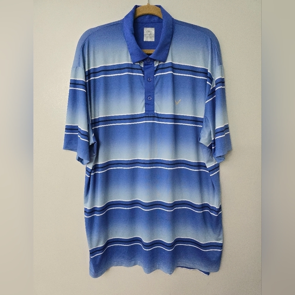Callaway Polo Shirt Mens XL Blue Striped Opti Dri Short Sleeve Golf